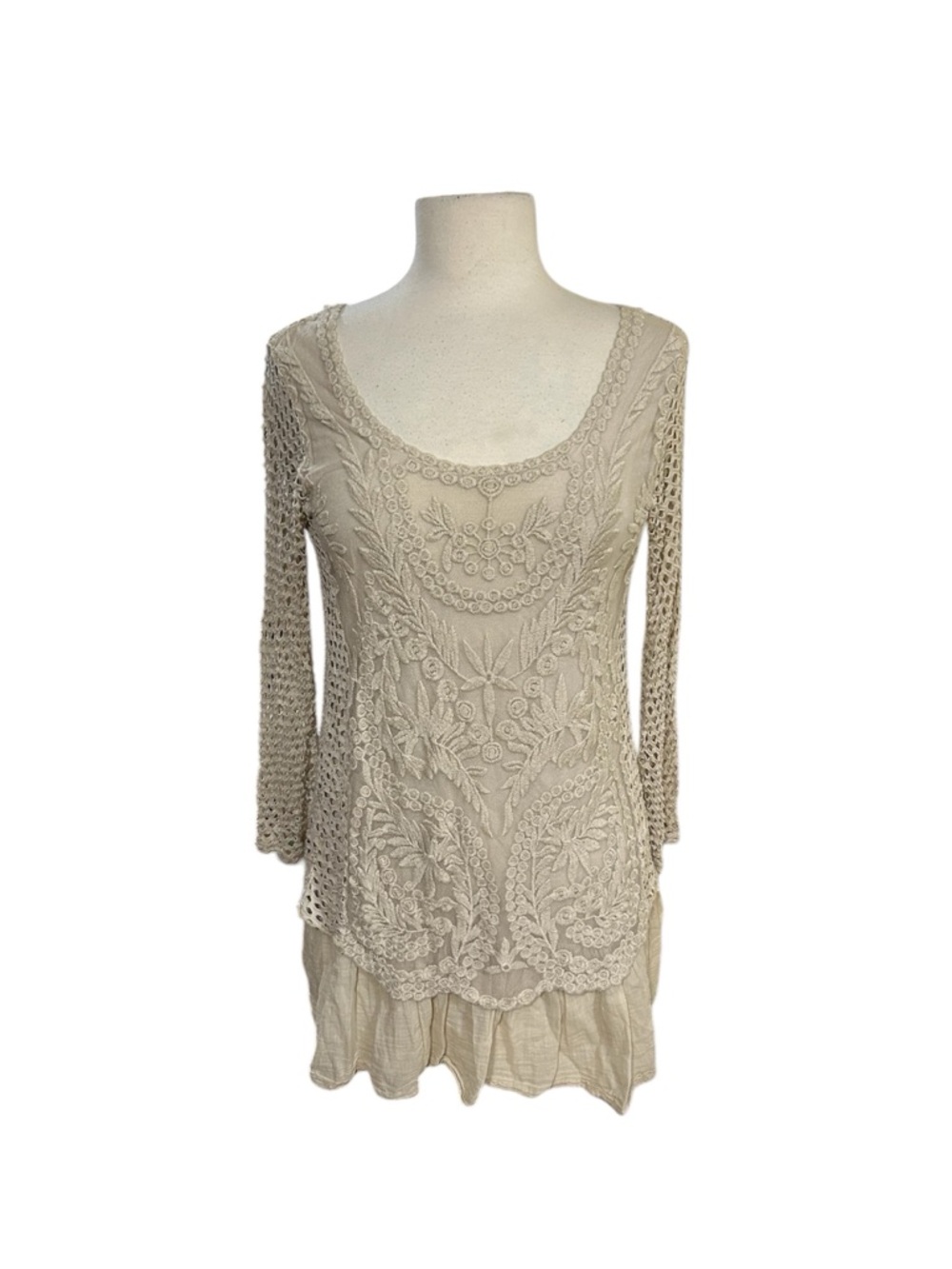 Vtg Crochet Lace Layered book club poetic Tunic Top Cream Victorian Cottage XS